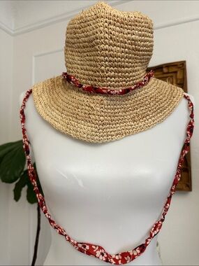 Zara Natural Straw Sun Hat with Red Floral Tie